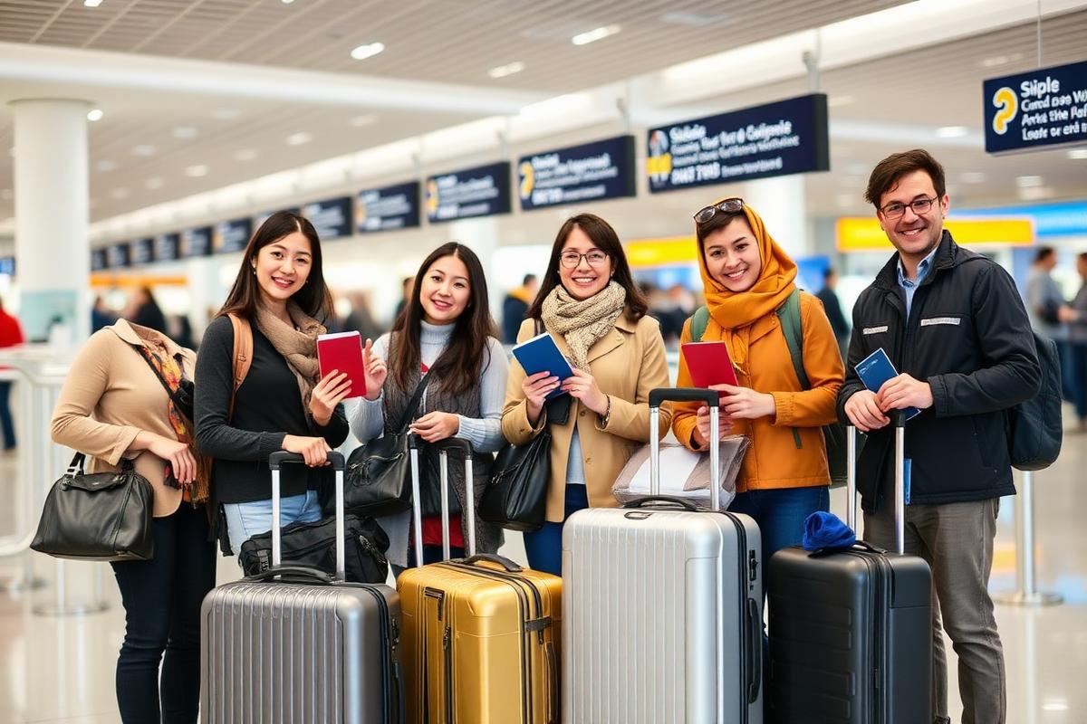 Workers departing from the airport with passports