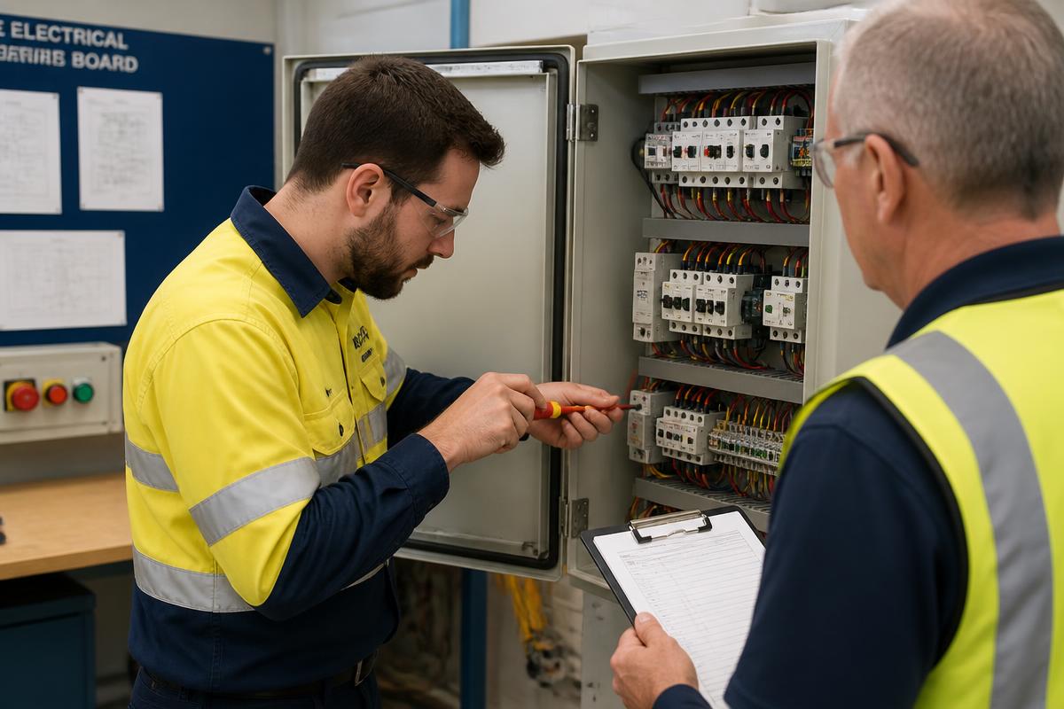 Electrician performing an electrical trade test on a control panel