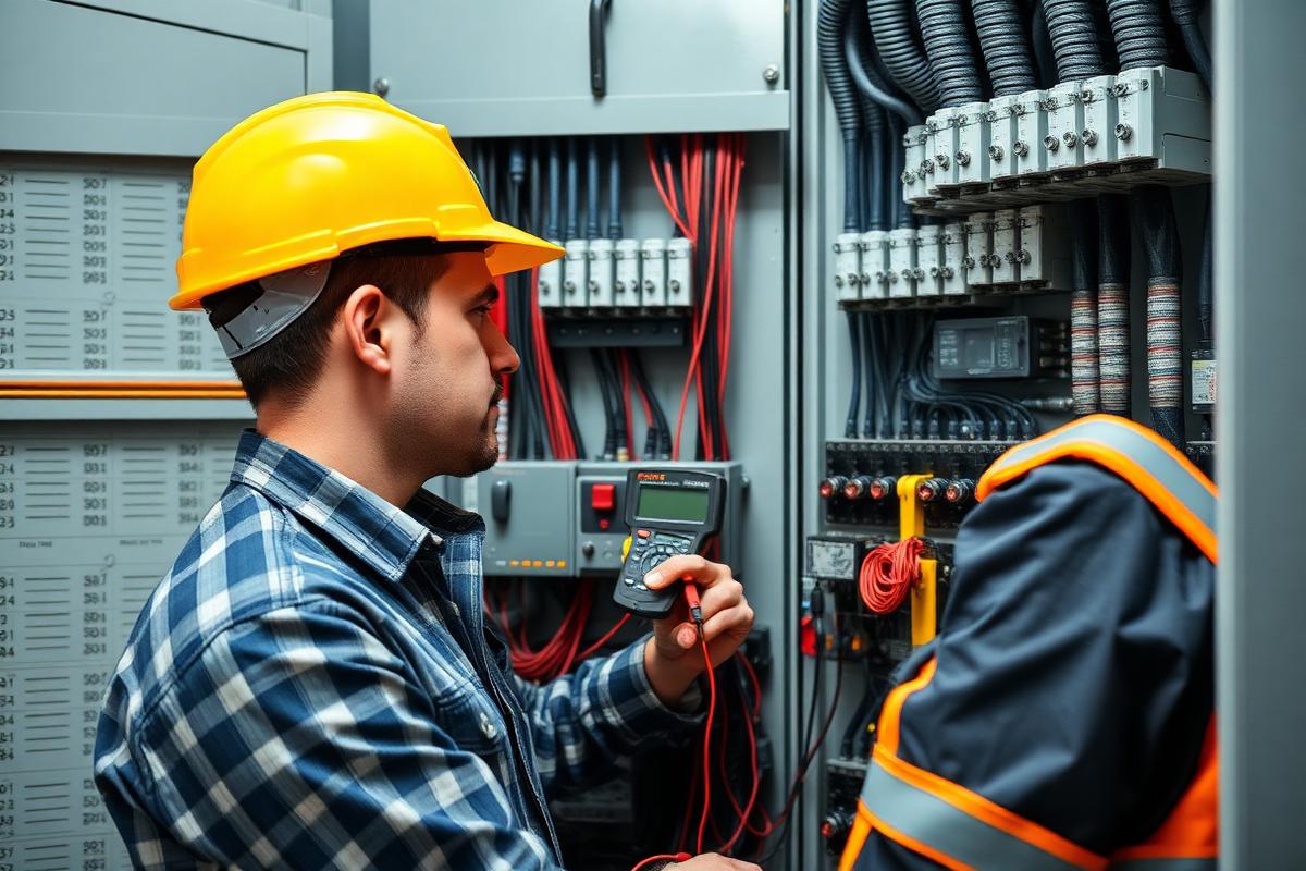 Electrician working on an industrial control panel