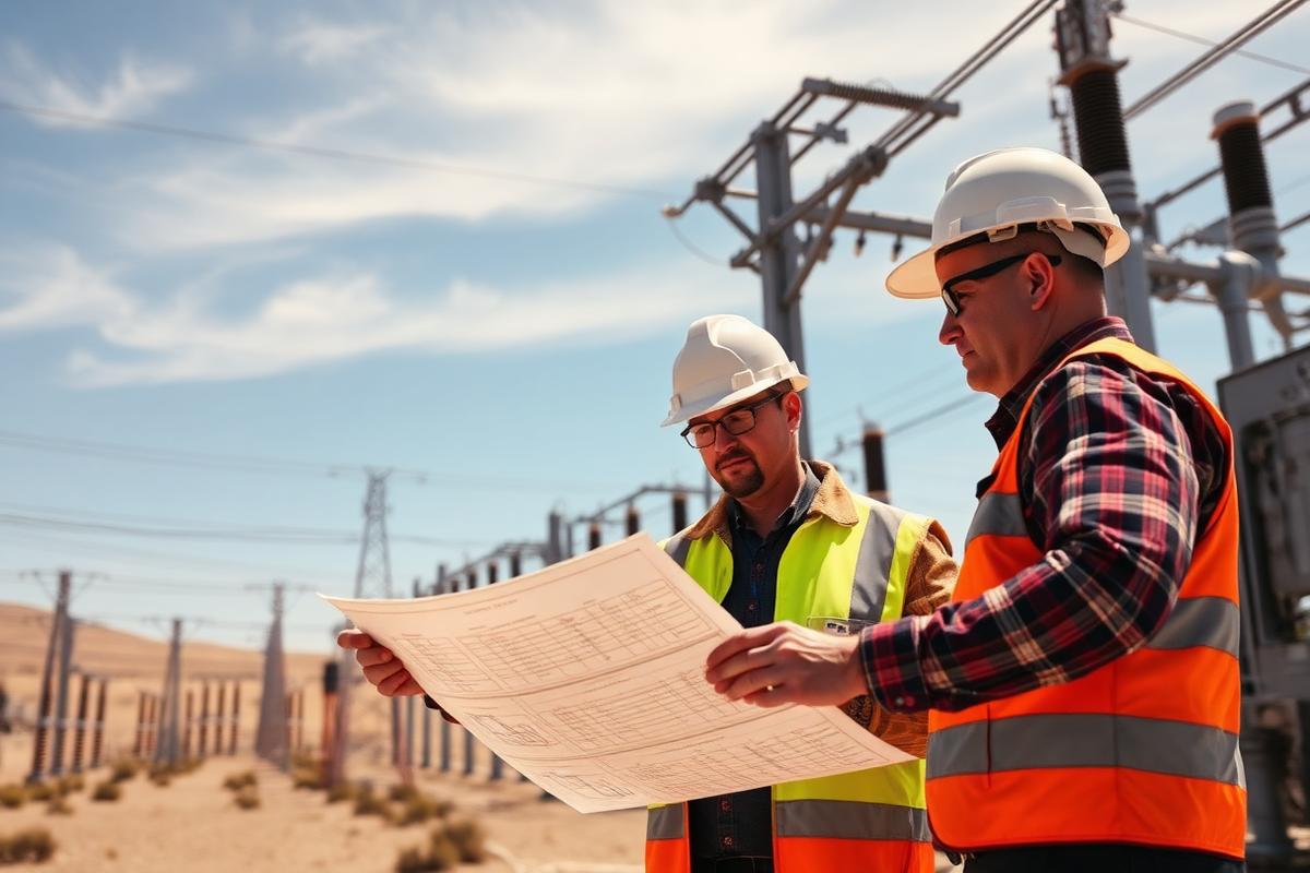 Electrical engineers reviewing drawings at a substation