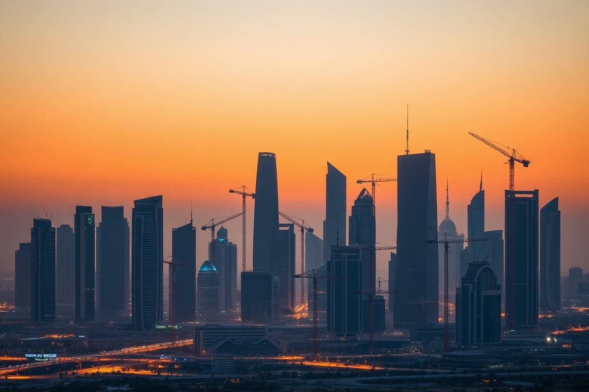 Gulf city skyline with construction cranes at dusk