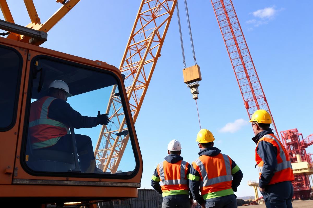 Crane operator and riggers on an industrial site