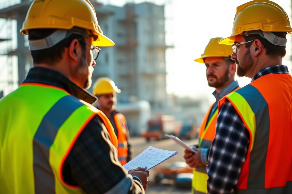 Site safety briefing with workers in helmets