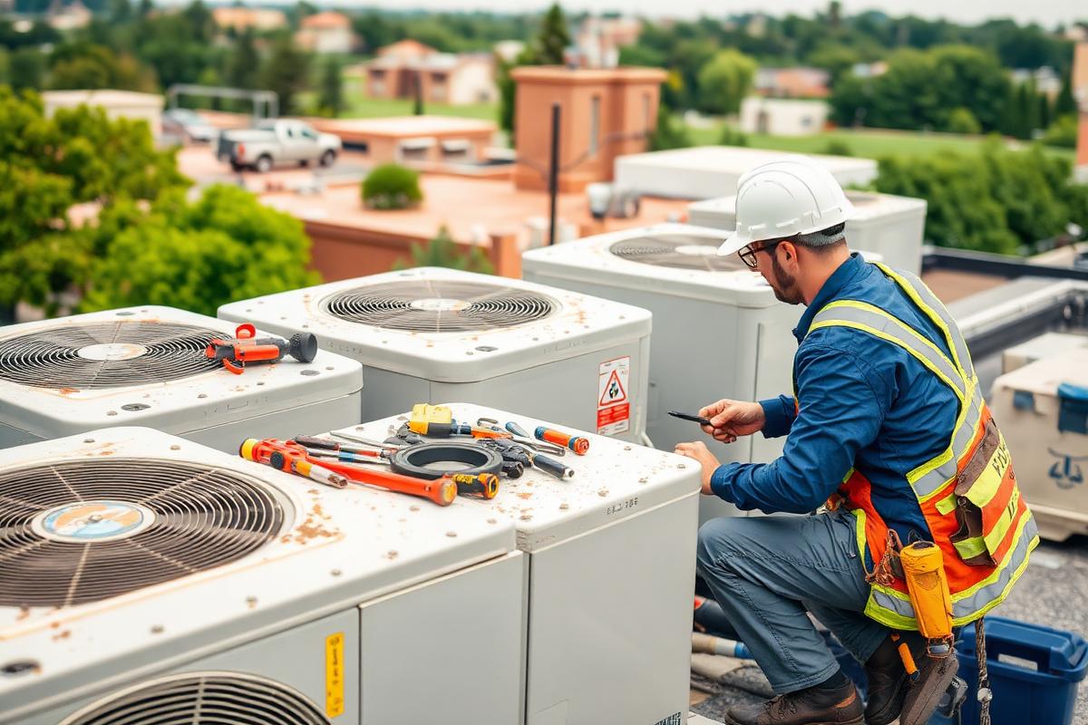 HVAC technician servicing air conditioning units