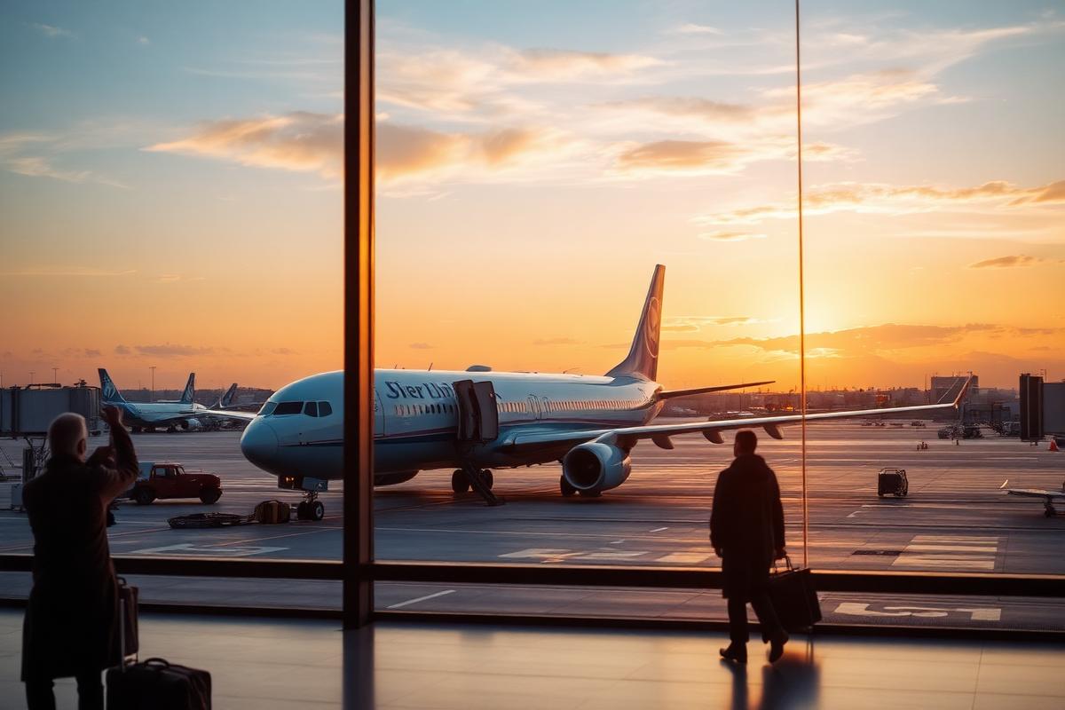 Aircraft at the terminal gate at sunset